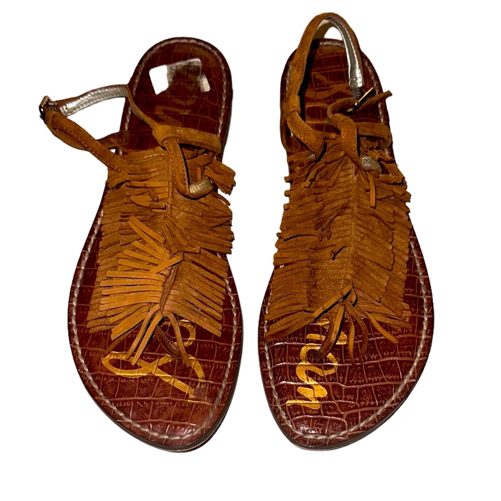 Brown tan fringe thong sandals